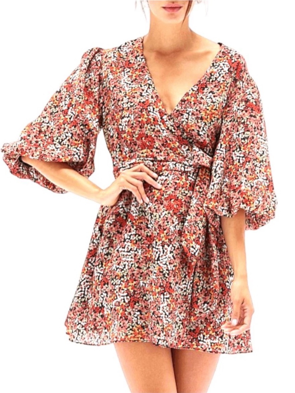 MINKPINK Morwell Floral Faux Wrap Mini Dress Puff Sleeves - Size Small
